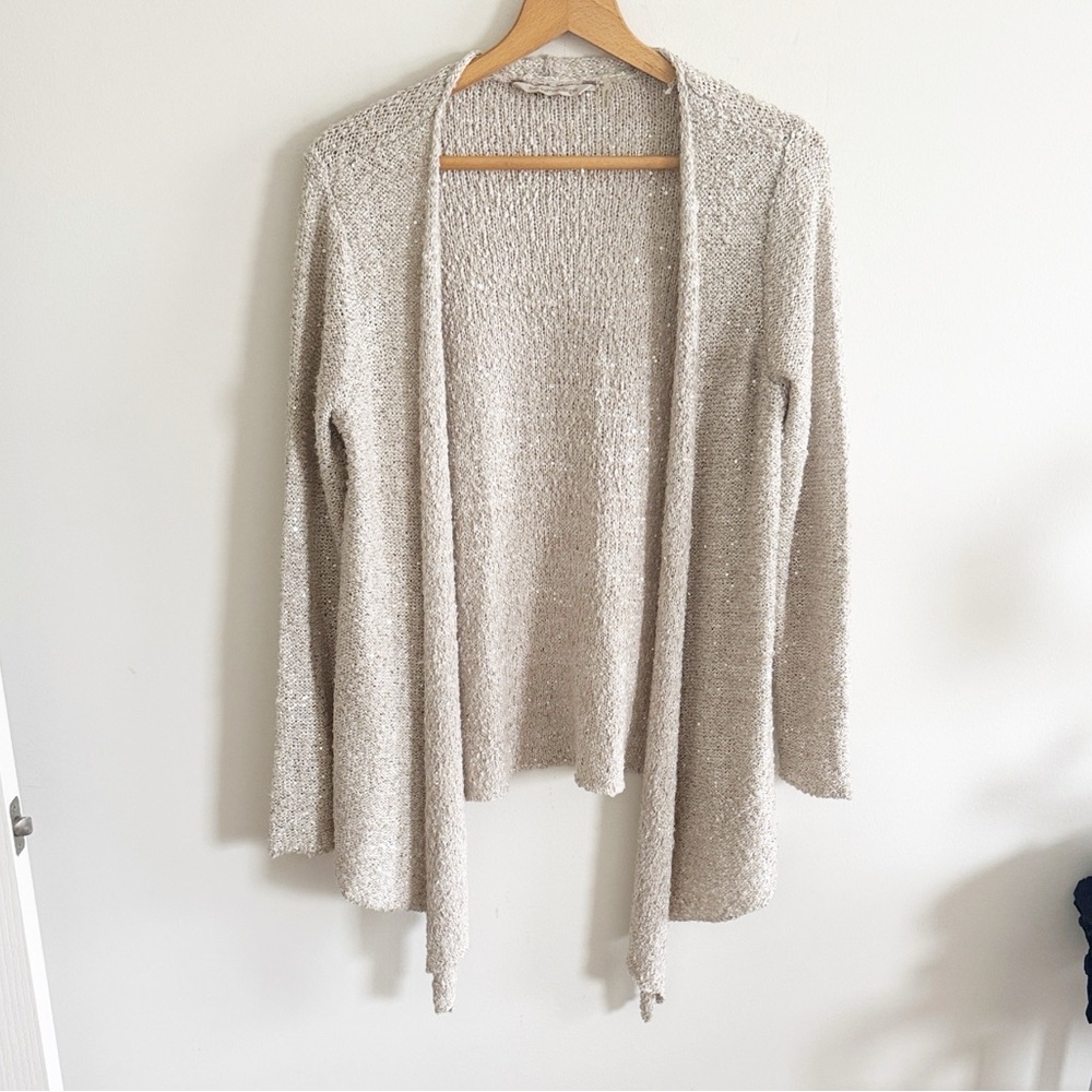 Soft surroundings tan gold sequin open front waterfall cardigan sweater size Med
